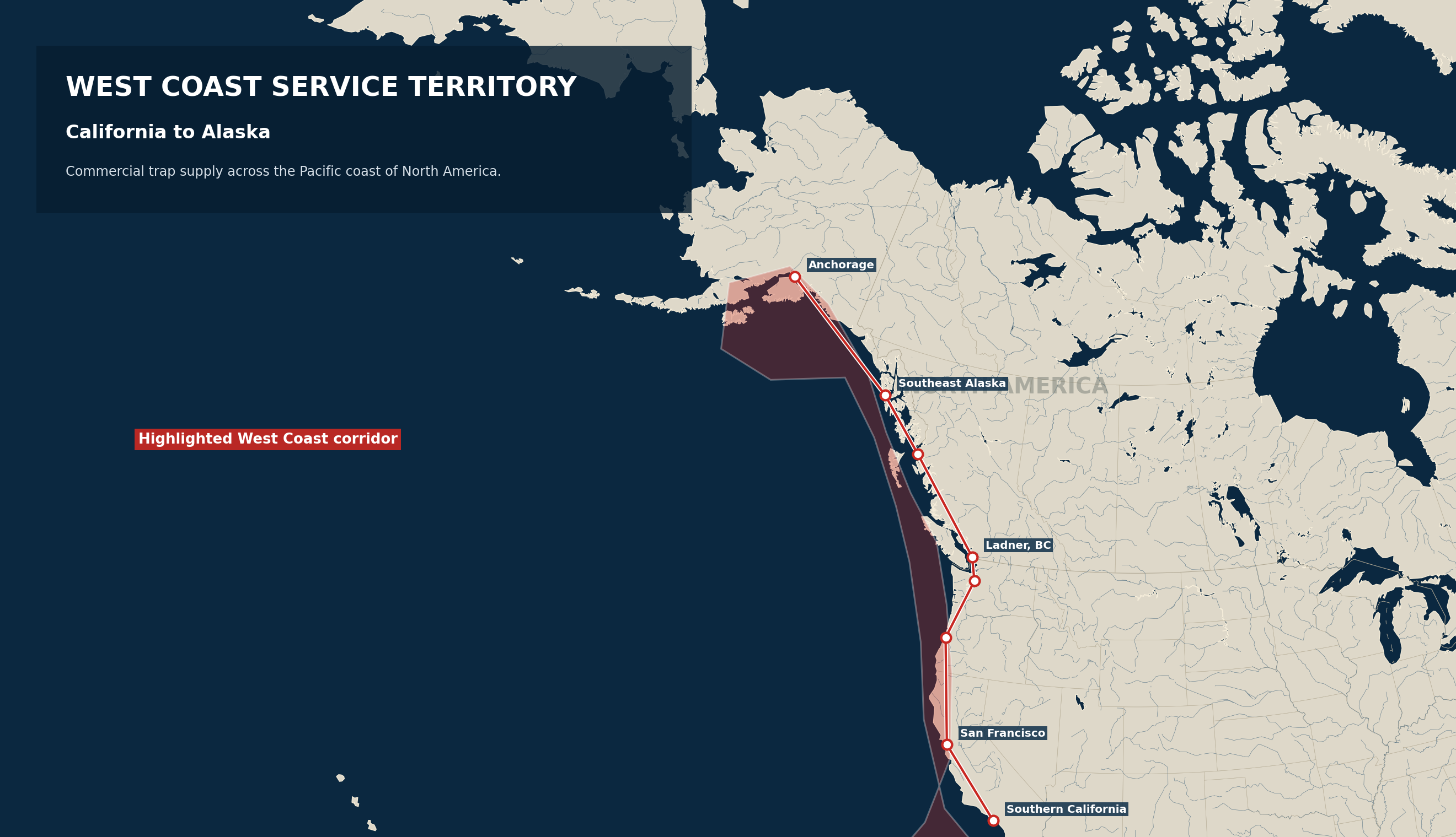 North America map highlighting Ladner Traps West Coast service territory from California to Alaska